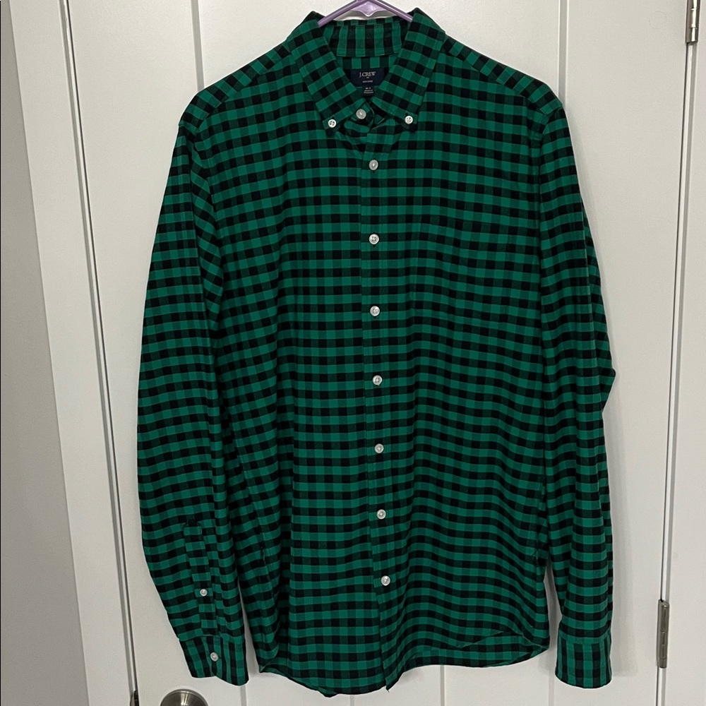 J. Crew Green and Black Plaid Oxford Shirt Size Medium Tall.